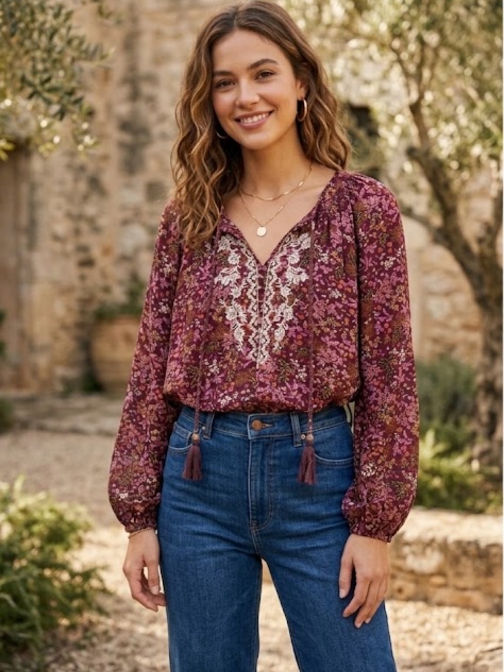 Mason & Belle Boho Floral Embroidered Tassel Blouse Top Size 1X